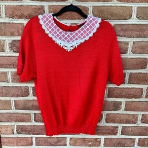 Vintage red short sleeve sweater with lace collar. Southern Lady. Medium
